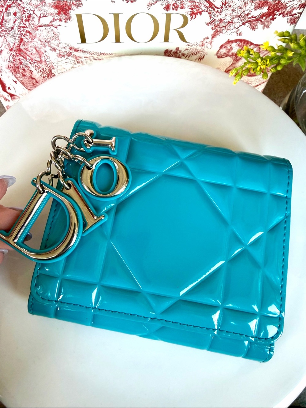 DIOR Patent LOTUS Wallet with Charm in Turquoise